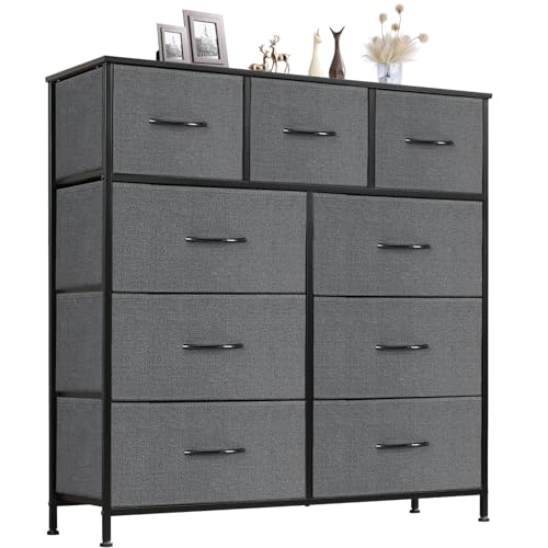 Sweetcrispy 9 Drawers Dresser for Bedroom, Kidsroom Furniture, Tall Chest Tower, Storage Organizer Units for Clothing, Closet, Fabric Bins, Wood Top, Steel Frame, Lightweight, Assemble Tools Include