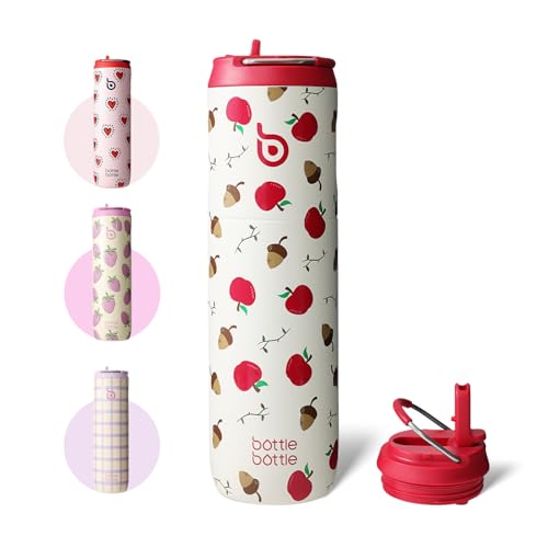 BOTTLE BOTTLE Botella de agua aislada de 24 onzas con tapa de popote y asa, para deportes, viajes, gimnasio, botellas de agua de acero inoxidable, doble pared, al vacío, metal, a prueba de fugas, sin