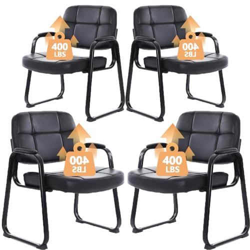 Image of CLATINA Big & Tall Waiting Room Guest Chair Comfortable Reception Chairs with Bonded Leather Padded Arm Rest and Sled Base for Office Reception Lobby and Conference Desk, Black(4 Pack)