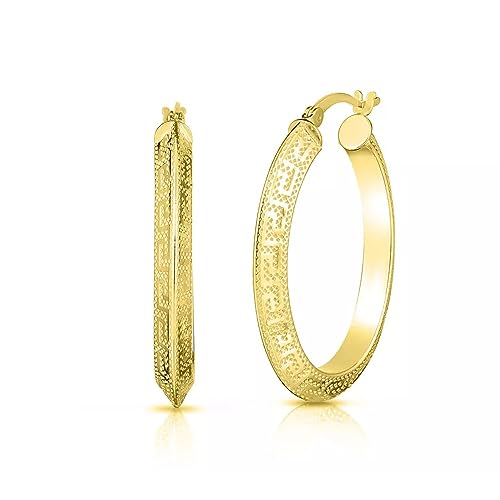 Savlano 925 Sterling Silver Greek Key Pattern Hoop Earrings-18K Gold Plated 30MM Round Hoop Earrings for Women Comes with Gift Box-Made in Italy