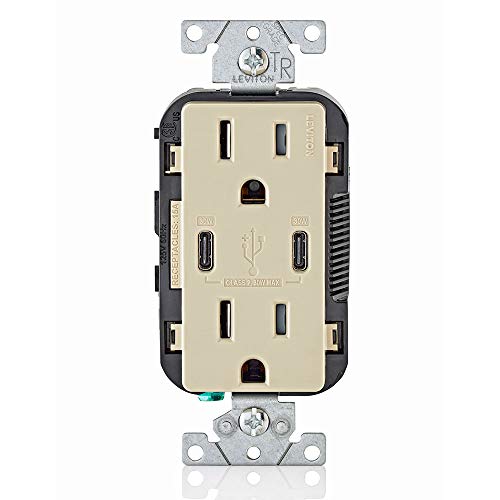 Leviton T5635-I USB Dual Type-C with Power Delivery (PD) In-Wall Charger with 15