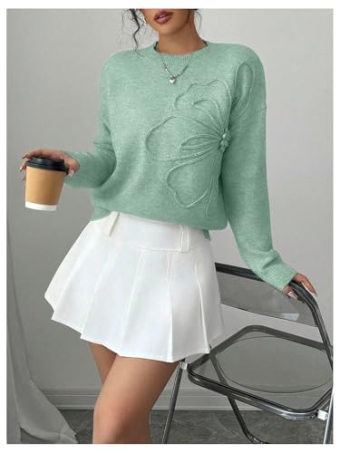 Image of RoseSeek Women's 3D Floral Appliques Crewneck Sweaters Long Sleeve Drop Shoulder Pullovers Elegant Knit Tops