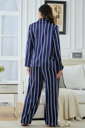 Image of YiNi LuLu Womens Silk Satin Pajamas Set Button Down 2 Piece Pjs Long Sleeve Oversized Sleepwear with Pockets