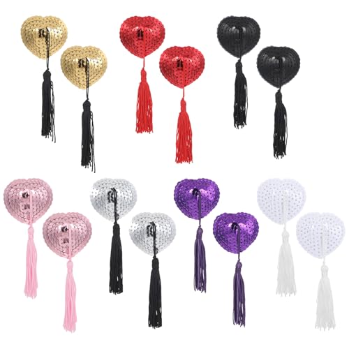 Hpmjz 7 Pairs Reusable Adhesive Nipple Cover Shiny Sequin Silicone Heart-Shaped Breast Pads Pasties Bra with Tassel Self Adhesive Tassel Pasties Bra for Women Girl Game Party Valentines Day Couple