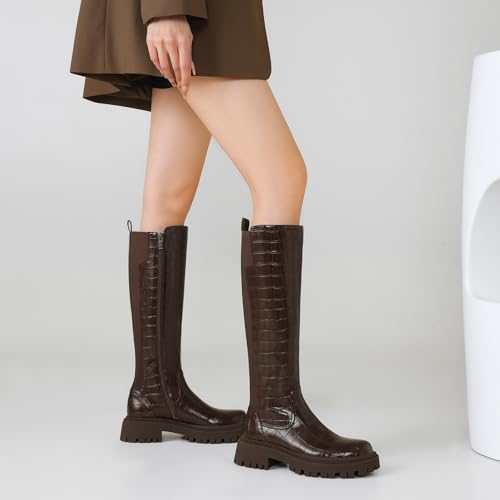 Image of TEAIEU Knee High Boots for Women, Platform Chunky Block Low Heel Tall Boots, Round Toe Side Zipper Fall Long Boots for Dress, Stretch Calf, Comfortable