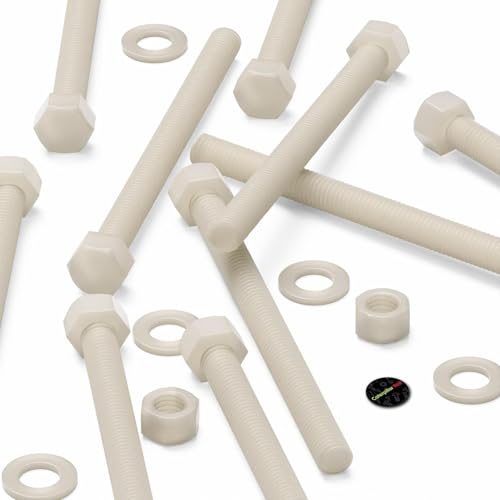 Image of 5X Natural Nylon PA66 Hex Head Plastic Bolts, Nuts & Washers, M12 x 150 mm, Fastener, (15 /32 x 5 29 /32 in)