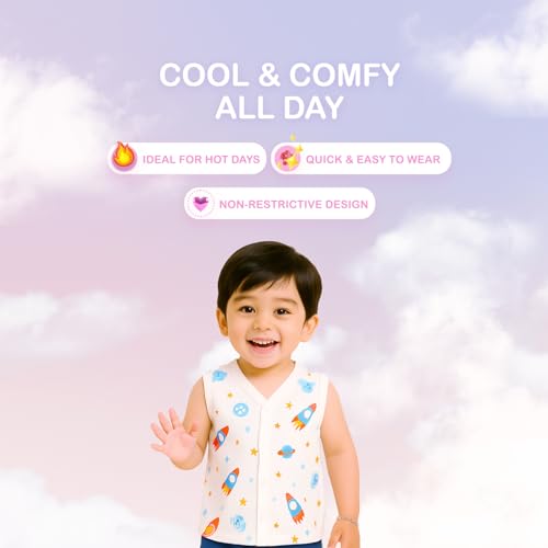 Image of Kidbea Newborn Baby Jhabla Muslin Cotton Clothes for Boys & Girls | Soft Breathable, Cute Printed Sleeveless Baby Wear with Button Closure