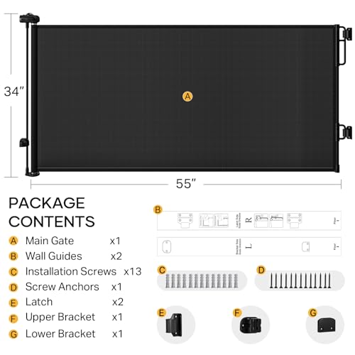 Cumbor Retractable Baby Gates for Stairs, Mom Choice Award Winner-55 Wide Mesh Dog Gate for Doorways, 34' Tall Easy to Use Pet Fence for The House, Toddler Safety Essentials Indoor&Outdoor, Black