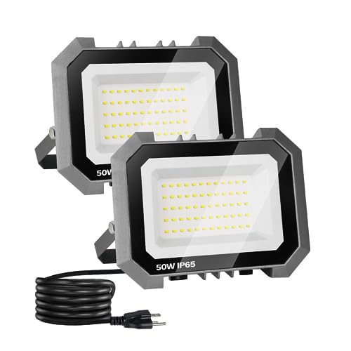 Leddictive 2 Pack LED Flood Lights Outdoor, 50W 5000LM Super Bright Floodlight Outside Work Light with 5.9FT Plug, IP65 Waterproof 6000K Outdoor LED Flood Light for Garage, Yard, Lawn, Garden