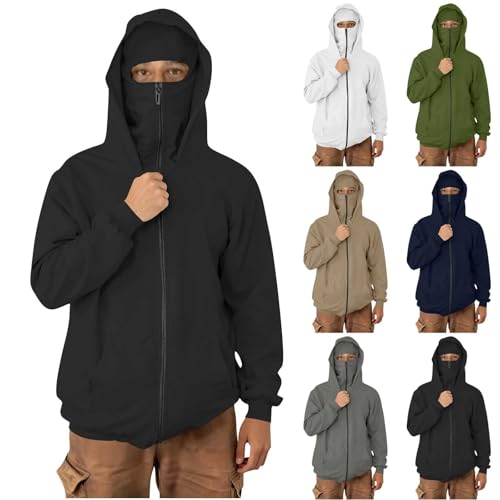 Rkwins Mens Hoodie with Mask Unisex Balaclava Hoodies Zip Up Sweatshirts Double Layer Hoodies Plus Size Windproof Jackets Black