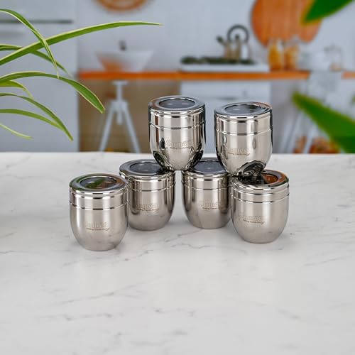 Image of Sumeet Stainless Steel Conical Shape Canisters /Dabba /Storage Containers for Kitchen with See Through Lid, Set of 6 Pcs, 150ml Each, 6cm Dia, Silver