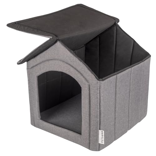 Petsona Hundehöhle Hundehütte Faltbare Mit Herausnehmbarem Dach Hundehaus Hundebett Katzenbett Haustierbett Schlafplatz Größe L, Grau
