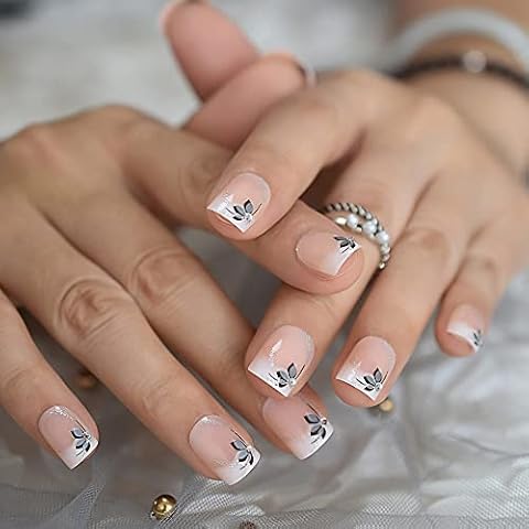 Coolnail Rhinestones Deco Light Pink Fake Nails Full Cover Short Glitter Flowers Glossy Press on False Nail Art Tip Daily Wear Cover