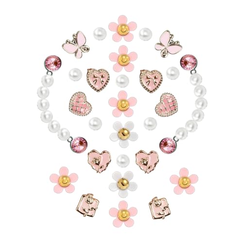 28Pcs Bling Shoe Charms for Women, Flower and Pearl Chain Shoe Decoration Charms, DIY Shoe Accessories for Party Favor, Pink