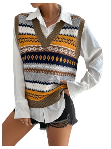 Floerns Women's Geo Pattern V Neck Sweater Vest Contrast Binding Knitted Tank Tops