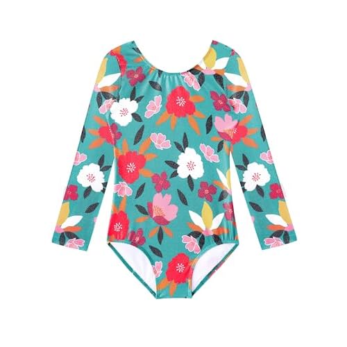 HOZIY Gymnastics Leotards for Girls Unicorn Pink Purple Sparkly Dancewear Activewear Quick Dry 5-6 Years Long Sleeve-green Flower