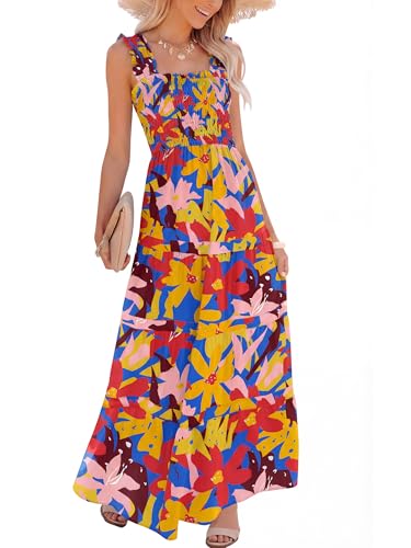 Image of Caracilia Womens Summer Maxi Dresses Floral Smocked Sleeveless Ruffle Boho Casual Flowy Aline Beach Vacation Long Sundress
