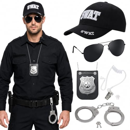 YYPLIAN 4 PCS Police Costume Accessories Cop Hat with Badge Sunglasses Handcuffs Swat Gear for Adults Men Women Halloween Cosplay (Swat Hat Set)