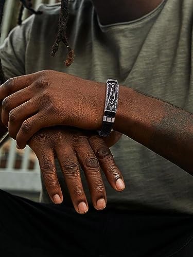 Bandmax Mens Black Leather Braided Wristband with Pendant Gothic Punk Leather Cuff Charm Bracelet Wristband with Stainless Steel Buckle -Gift Packed4