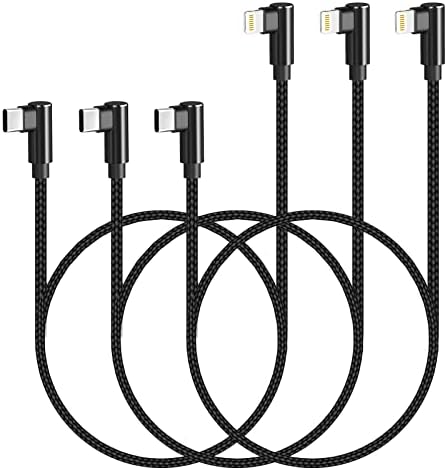 USB C to Lightning Cable 3ft MFi Certified 3 Pack 90 Degree iPhone Charger Nylon Braided Right Angle Lightning to USB C PD Fast Charging Cable for iPhone 13 12 11 Pro X XS XR 8 Plus 7 6 5(Black)