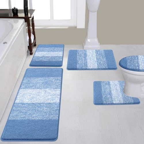 Bsmathom Bathroom Rugs Sets 5 Piece, Soft Absorbent Microfiber Bath Rugs with U-Shaped Contour Toilet Rug and Toilet Lid Cover, Thick Non-Slip Plush Shaggy Bath Mat Set,Blue