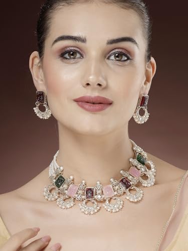Image of Karatcart Pink Stone Studded Pearl Kundan Necklace Set for Women