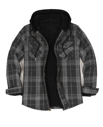 Image of ZENTHACE Men's Sherpa Lined Full Zip Hooded Plaid Shirt Jacket