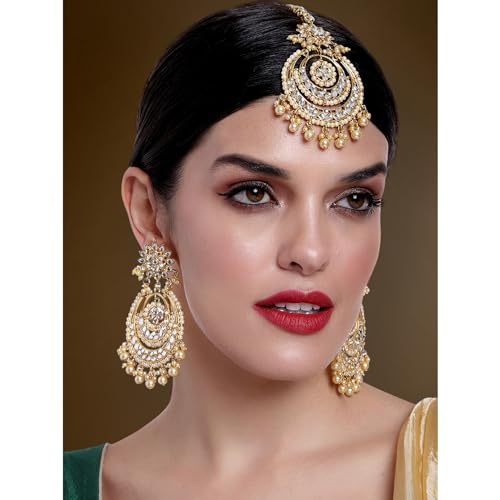 Image of Peora Traditional Jewellery Rhodium Kundan & Pearl Maang Tikka Earring Set for Women Girls