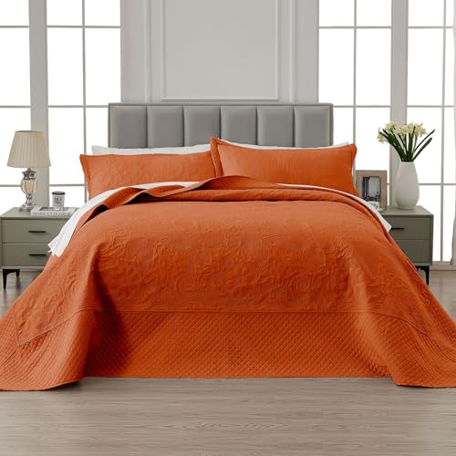Image of Qucover Alaska King Bedspread 132x 120, Burnt Orange Oversized King Bedspread, 3 Piece Soft Microfiber Lightweight Oversized King Quilts Extra Width, Quilting Paisley Pattern, Orange