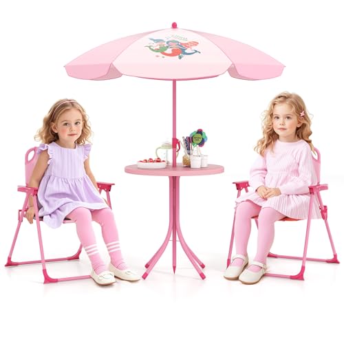 HONEY JOY Kids Picnic Table, Animal Themed Toddler Outdoor Table and Chair Set, 2 Folding Chairs & Removable Umbrella, Children Outdoor Furniture for Backyard Patio Garden (Pink Mermaid)