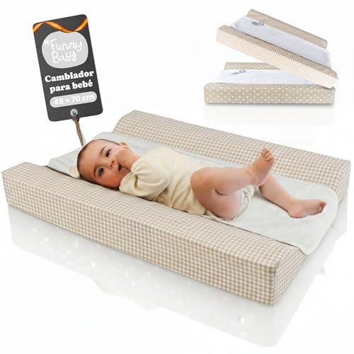 Funny Baby | Colchoneta Cambiador Bebé Impermeable 48x70 cm – Espuma Acolchada con Bordes Elevados, Funda Lavable y Toalla de Rizo – Cambiador para Cómoda Diseño Vichy Lino