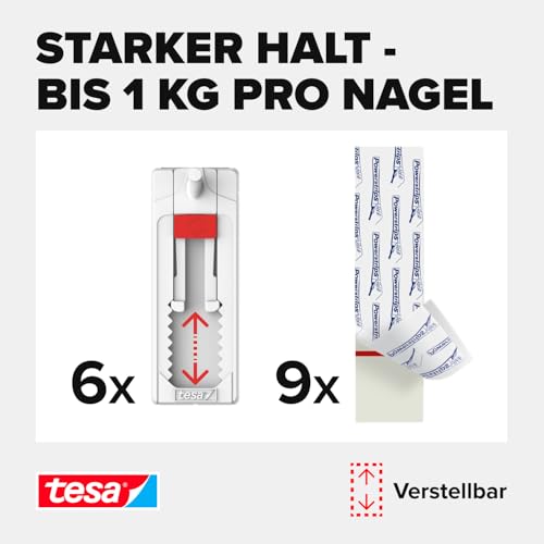tesa Klebenagel Tapeten & Putz 1kg im 3er Pack - höhenverstellbar - selbstklebender Nagel - ideal für Leinwand & Keilrahmen - hält bis 1kg/Nagel - spurlos ablösbar