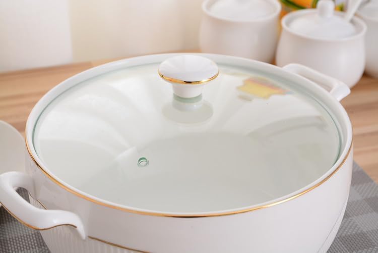Ceramic Soup Tureen with Glass Lid，White Soup Tureen with Gold Design,Double Handle Soup Serving Bowl with Lid and Ladle