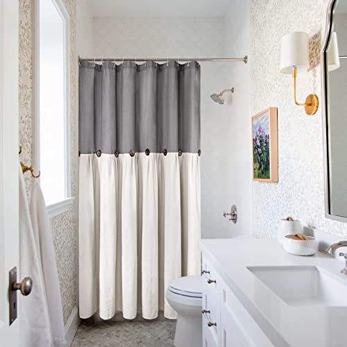Reisen Linen Farmhouse Shower Curtain Button Gray And Off White Shower Curtains For Bathroom, 72" X 72" #TOP1