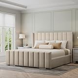 Furnishion Vienna Wingback Super King Bed Frame, 6ft Super King Size Bed, Luxury Plush Velvet Upholstered Panelled Design, Strong Wooden Beds Frame 6ft Size with High Headboard in Cream Plush