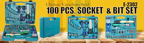 Image of Eastman 1 /2 Inch & 1 /4 Inch Sq. Drive 100 Pcs Socket & Bit Set, Chrome Vanadium Steel Knurled Sockets Tool Kit, Bmc Pack Ratchet Handle Spinner Handle(E-2302)
