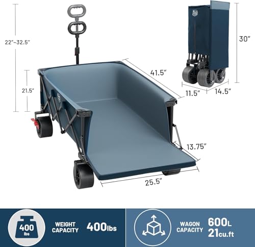 Image of Timber Ridge 600L Beast Wagon 26 inch W Extra Wide Folding w /Big Wheels Cart | Cargo Net & Tailgate, 500lbs Heavy Duty All Terrain 55.25 inch L Collapsible Portable Carts for Camping, Sports, Dogs, Blue