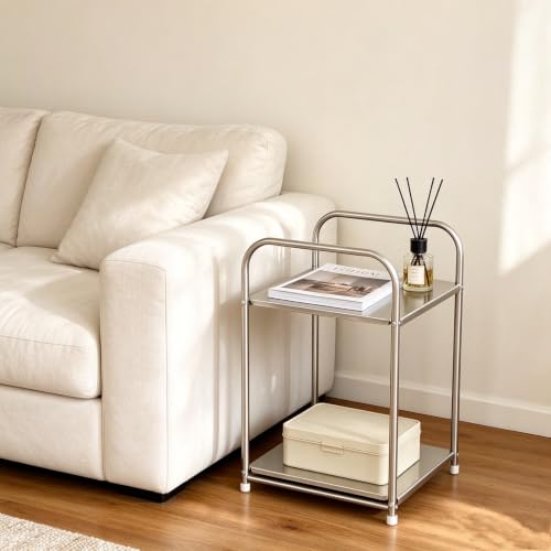 VDXGHU 2 Tier Stainless Steel Side Table, Minimalist 2-Tier Open Storage Nightstand, Small Corner End Table Freestanding Shelf for Bedroom, Living Room, Bathroom