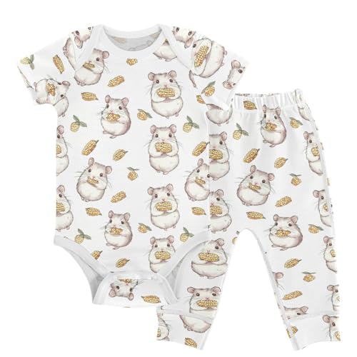 vvfelixl Unisex Short Sleeve Baby Pants Sets,Cute Hamster Eat Corn Baby Bodysuits Set,Babys Layette Sets Clothes for 18-24M
