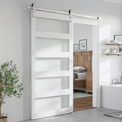SmartStandard 36 x 84 in (Double 18×84 Door) Glass Barn Door with 6.6FT Sliding Hardware Kit & Handle, Pre-Drilled Ready to Assemble, Waterproof PVC Coating, 5-Panel Glass, White
