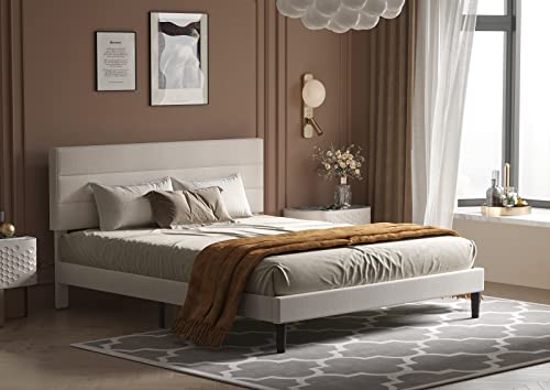 Bonsoir Bed Frame Modern Horizontal Panel Upholstered Low Profile Platform With Tufted Headboard/No Box Spring Needed/No Bed Skirt Needed/Linen Fabric Upholstery/Beige (King Size) #TOP1