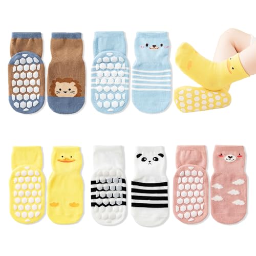5 Pairs Unisex Baby Non-Slip Socks, Toddlers Soft Cotton Crew Socks with Grippers Crawling Socks for Babies Non-Skid Ankle Socks for Kids Boys Girls Newborn Infant 0-12 Months/1-3/3-5 Years