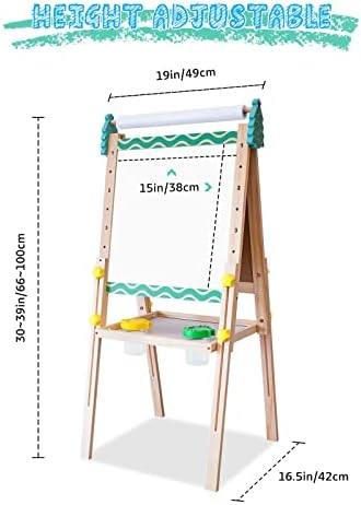 Kids Easel with Paper Roll Double-Sided Whiteboard & Chalkboard Adjustable Standing Easel with Numbers and Other Accessories for Kids and Toddlers