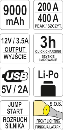 YATO profesjonalne urządzenie rozruchowe z powerbankiem 200 A/400 A/9000 mAh, 5 V/2 A USB, 12 V 3,5 A, przenośne urządzenie wspomagające rozruch akumulatora samochodowego