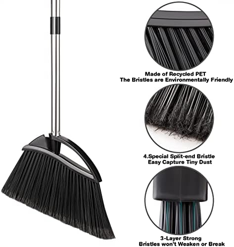 Long Handled Dustpan and Brush Set, Yangbaga Heavy Duty Dustpan and Brush Sets Mental with Adjustable Long Handle for Indoor and Outdoor, Great for Household Cleaning and Sweeping Black