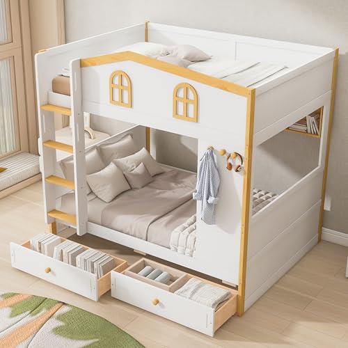 Image of Merax Full Over Full Size House Bunk Bed with Storage Shelves & 2 Drawers, Solid Wood Space-Saving Loft Bed Frame with Safety Guardrails for Bedroom, White+Natural