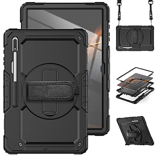 Gerutek Funda Anticaída para Samsung Galaxy Tab S8 Ultra 14,6  2022, (SM-X900 X906), Protector Pantalla Incorporado, Carcasa Rugosa con Soporte Giratorio, Correa de Mano Hombro, Portalápices, Negro