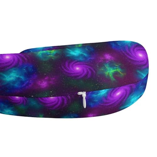 Image of Cute Travel Neck Pillow Green Purple Blue Clouds Galaxy Art Memory Foam U Shaped Cushion, Washable Cover for Boys Girls Airplane Car School Nap