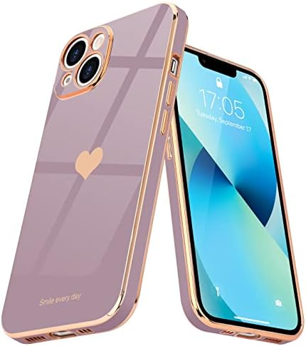 Teageo Compatible with iPhone 13 Case for Girl Women Cute Love-Heart Luxury Bling Plating Soft Back Cover Raised Camera Protection Bumper Silicone Shockproof Phone Case for iPhone 13, Lavender