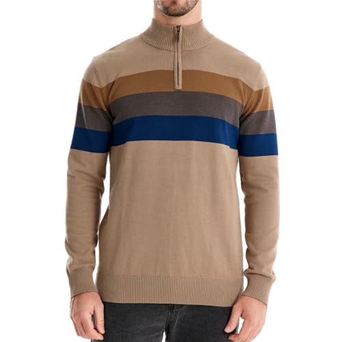Men's Autumn Winter Striped Patchwork Semi-Zipper Pullover Sweater2